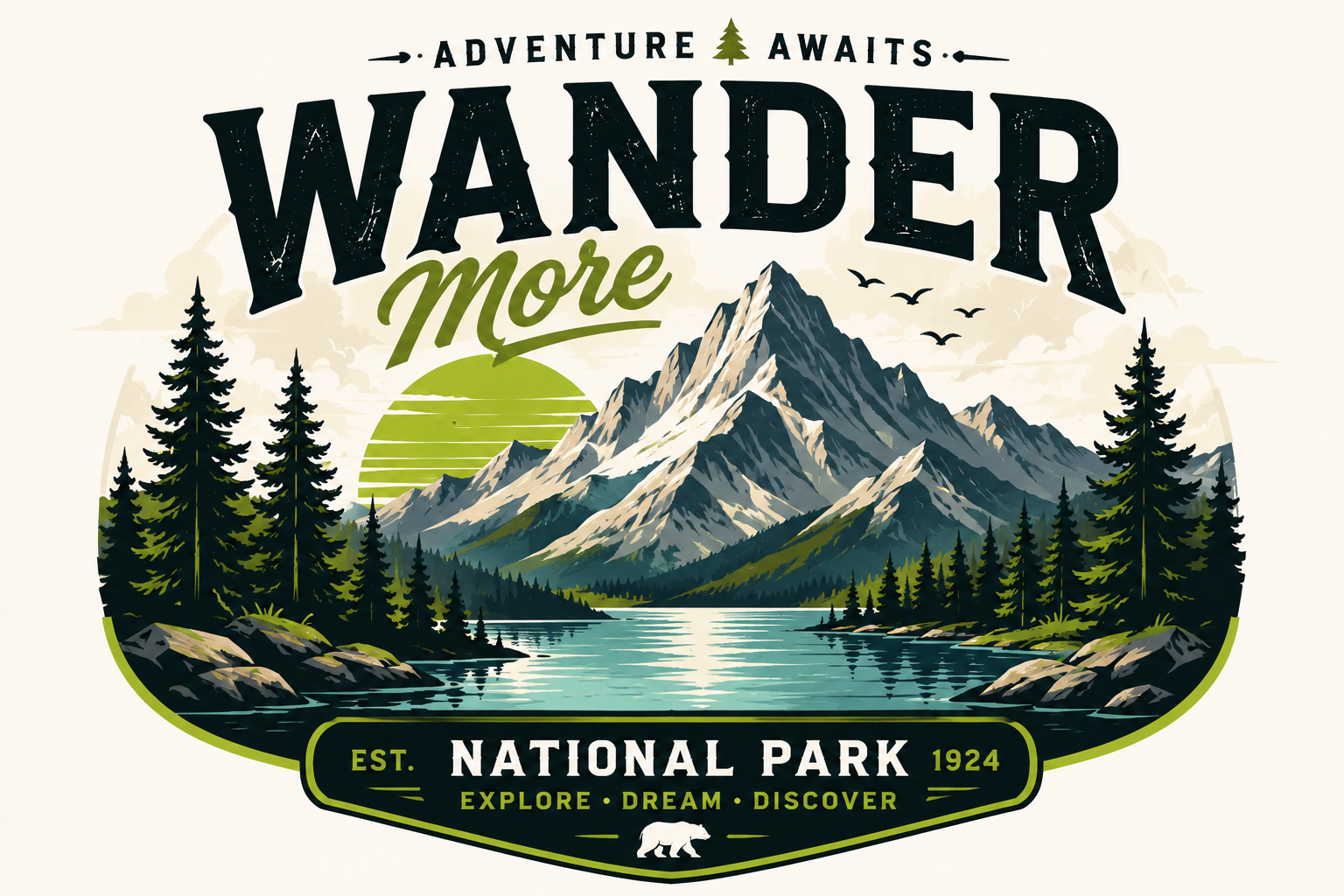 Wander More vintage national park badge — clean SVG vector output